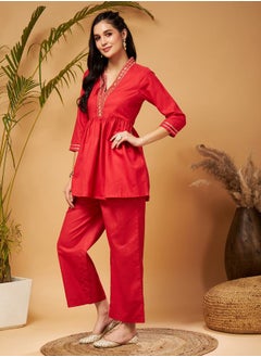 SASSAFRAS Embroidered Gathered Detail Peplum Top and Wide Leg Set by Styli  - Image 3