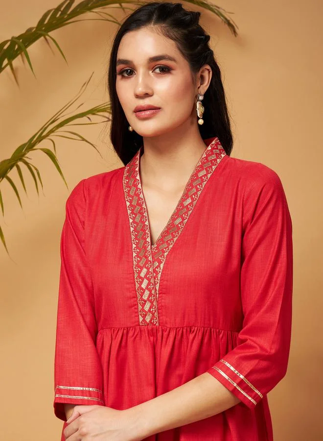 SASSAFRAS SASSAFRAS Embroidered Gathered Detail Peplum Top and Wide Leg Set