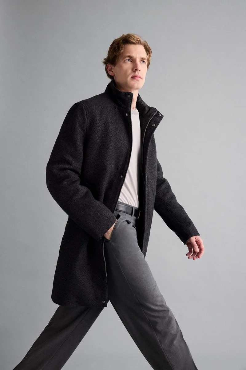 Defacto Regular Fit Stand Collar Pocketed Zippered Lined Cachet Coat
