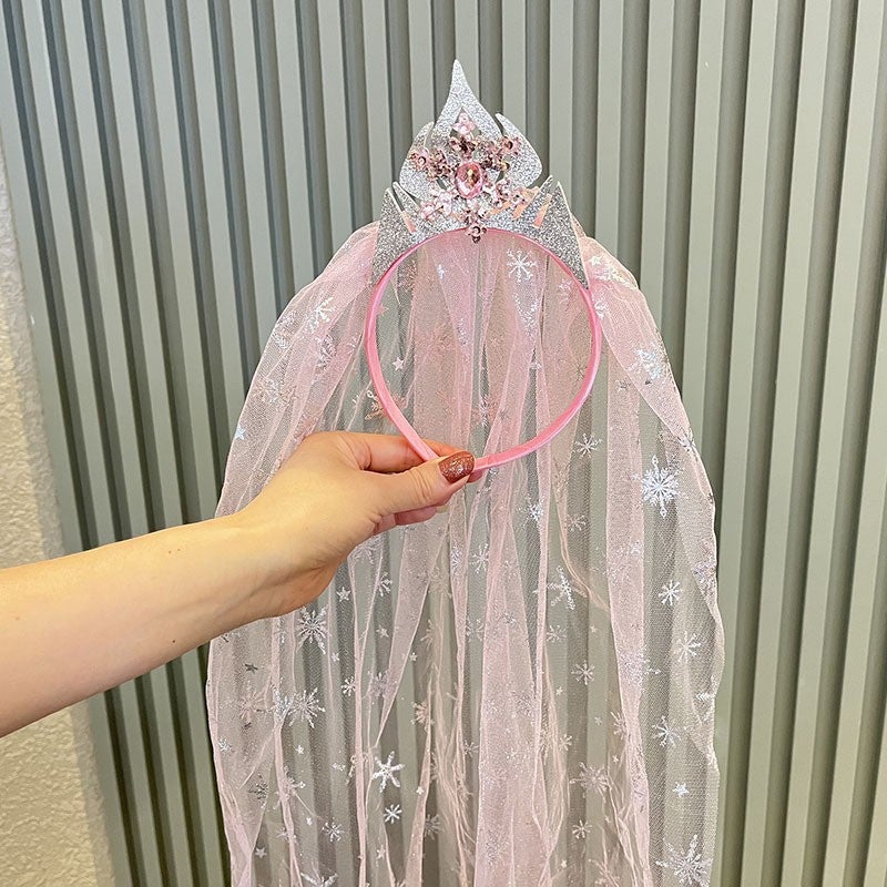 Generic Ice and Snow Princess Hair Accessories Magic Wand Set Girl Accessories Long Veil Crown Hair Band Birthday Gift Childrens Headwear Pink Headband