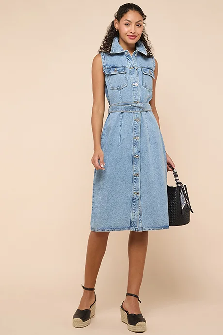 أر أند بي Washed Denim Sleeveless Shirt Dress