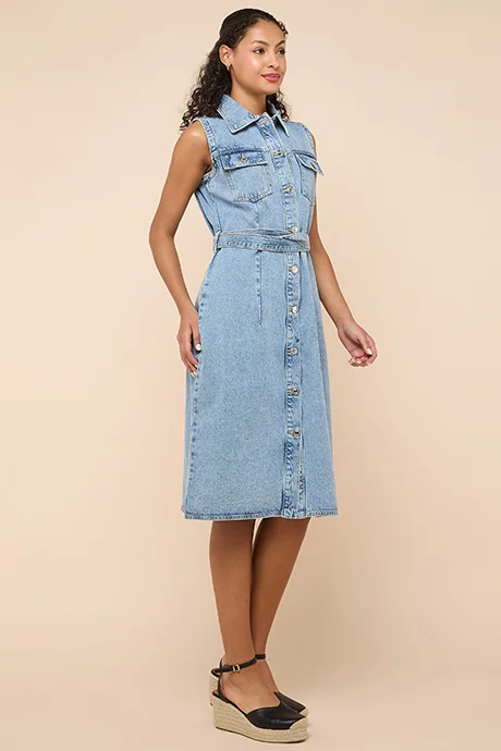أر أند بي Washed Denim Sleeveless Shirt Dress