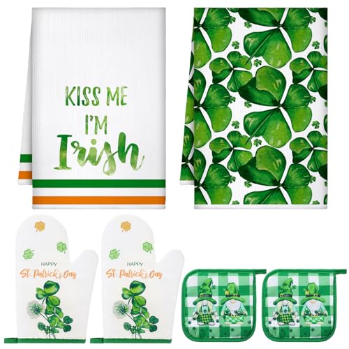 Bencailor 6 Pcs St Patricks Day Kitchen Decor Set Kitchen Towels Oven Mitts Pot Holder Irish Shamrocks Leprechauns Gnome Party Gifts Decorations for Home Housewarming - Image 1