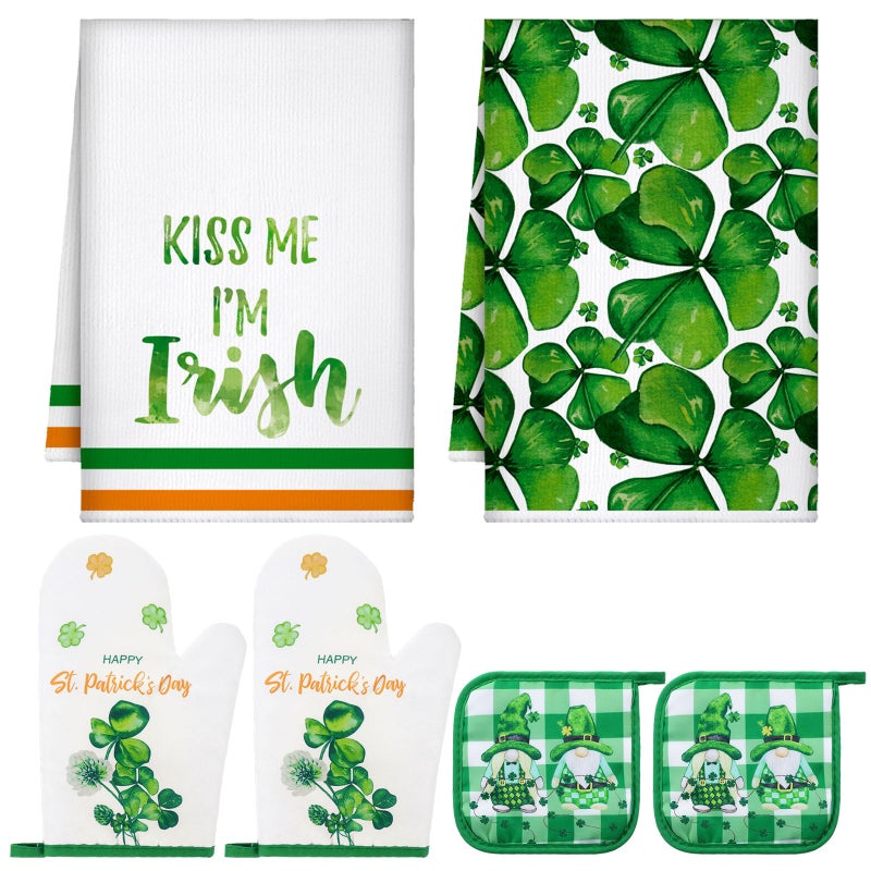 Bencailor 6 Pcs St Patricks Day Kitchen Decor Set Kitchen Towels Oven Mitts Pot Holder Irish Shamrocks Leprechauns Gnome Party Gifts Decorations for Home Housewarming - Image 2