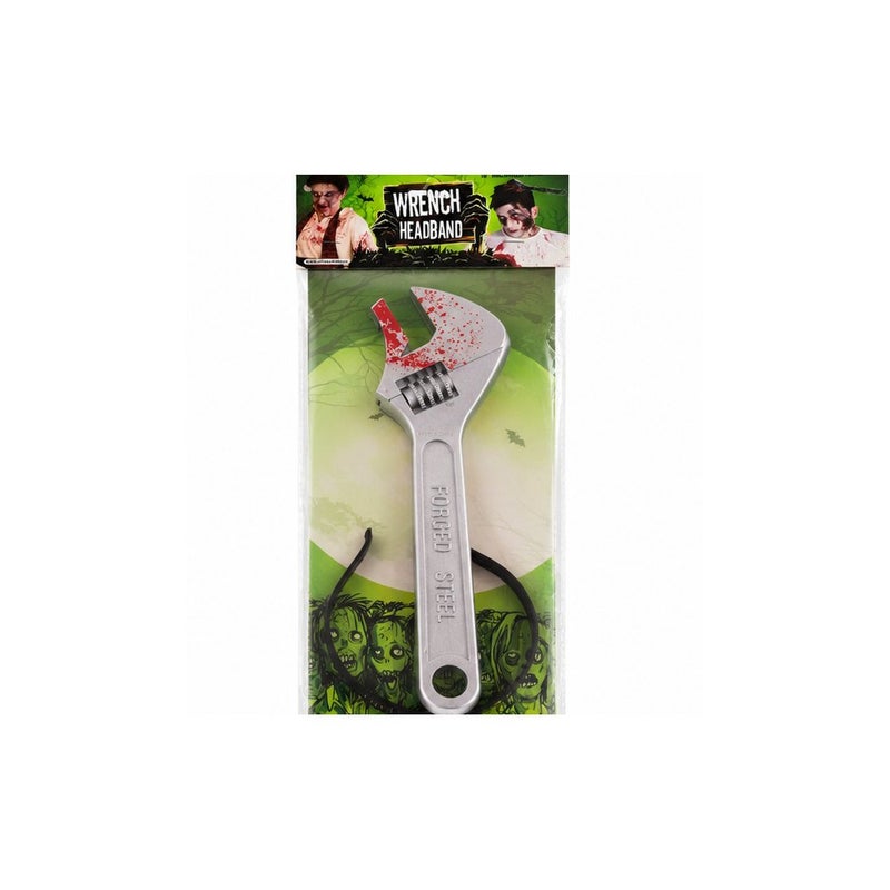 Zombie Wrench Headband Halloween Costume Accessory, Silver with Blood Splatter - Image 1