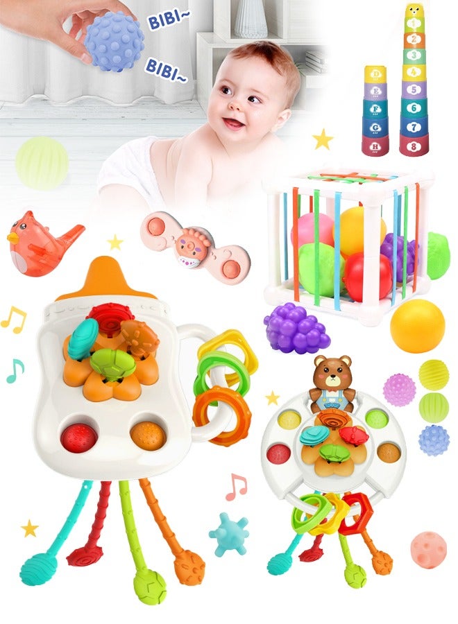 Haidue 7PCS Baby Sensory Toys 6-12-18 Months,Square-Shaped Sesselle (Including 6 Shaped Accessories), 6 Textured Sensory Soft Rubber Balls,  Bottle + Brown Bear Dual-Style Lala, Whistle Changing Water Bird, Alphanum-Based Stacking Cups, Gyroscopic Spin, All In One Stop To Meet The Play Needs Of Babies Aged 0-3, Infant Bath Time Fun, Learning Toddler Toys(Random Color) - Image 1
