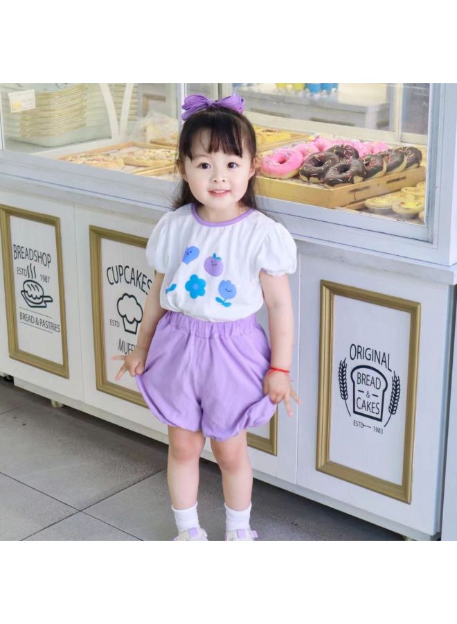 Girls' Summer Clothes Suit New Children's Western Style Baby Purple Short T-shirt Flower Bud Shorts Girls' Two-piece Suit