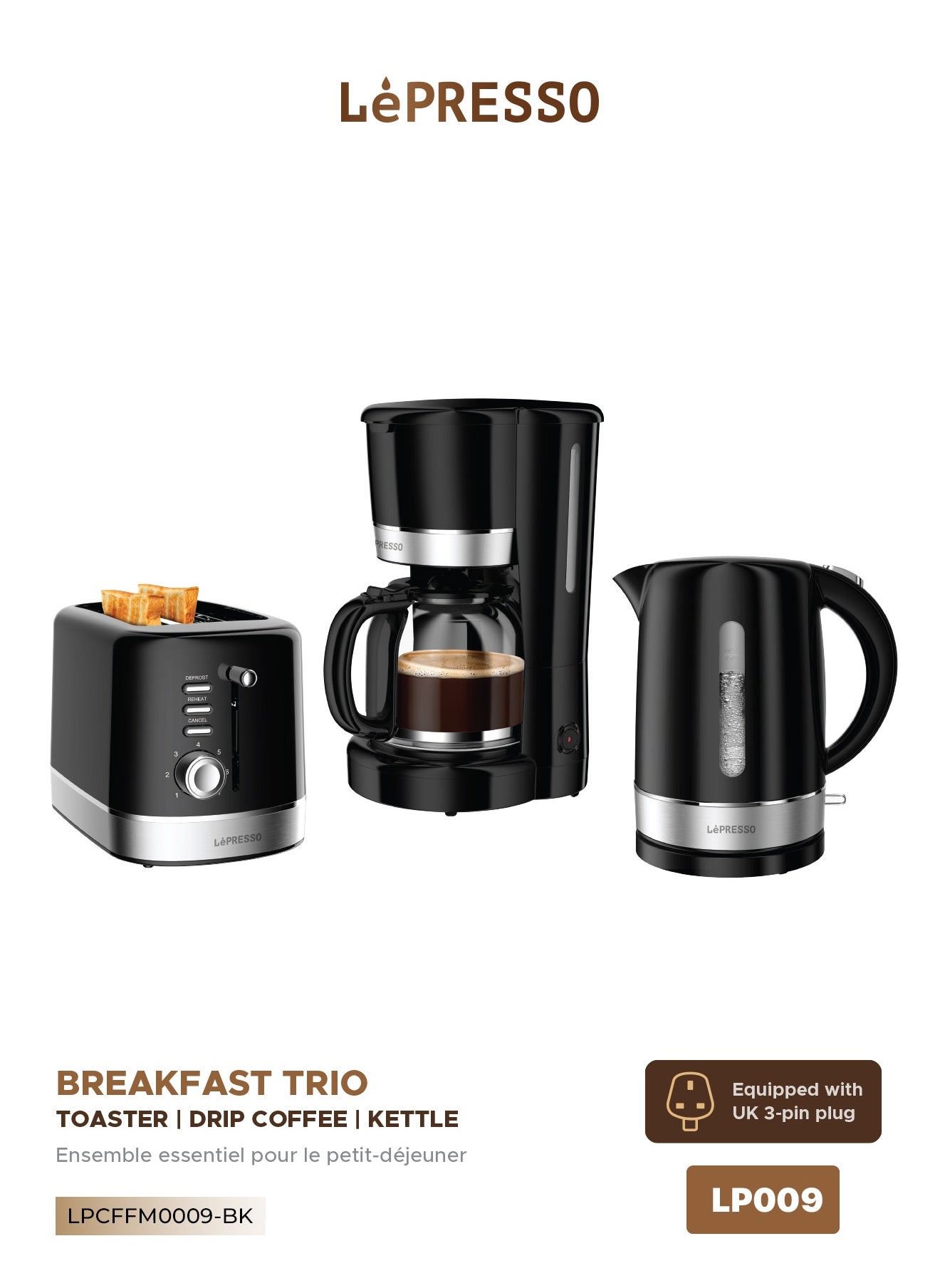 3 in 1 Breakfast Set with 1.7L Kettle and 2 slice Toaster and 1.5L Drip Coffee Maker - Black 