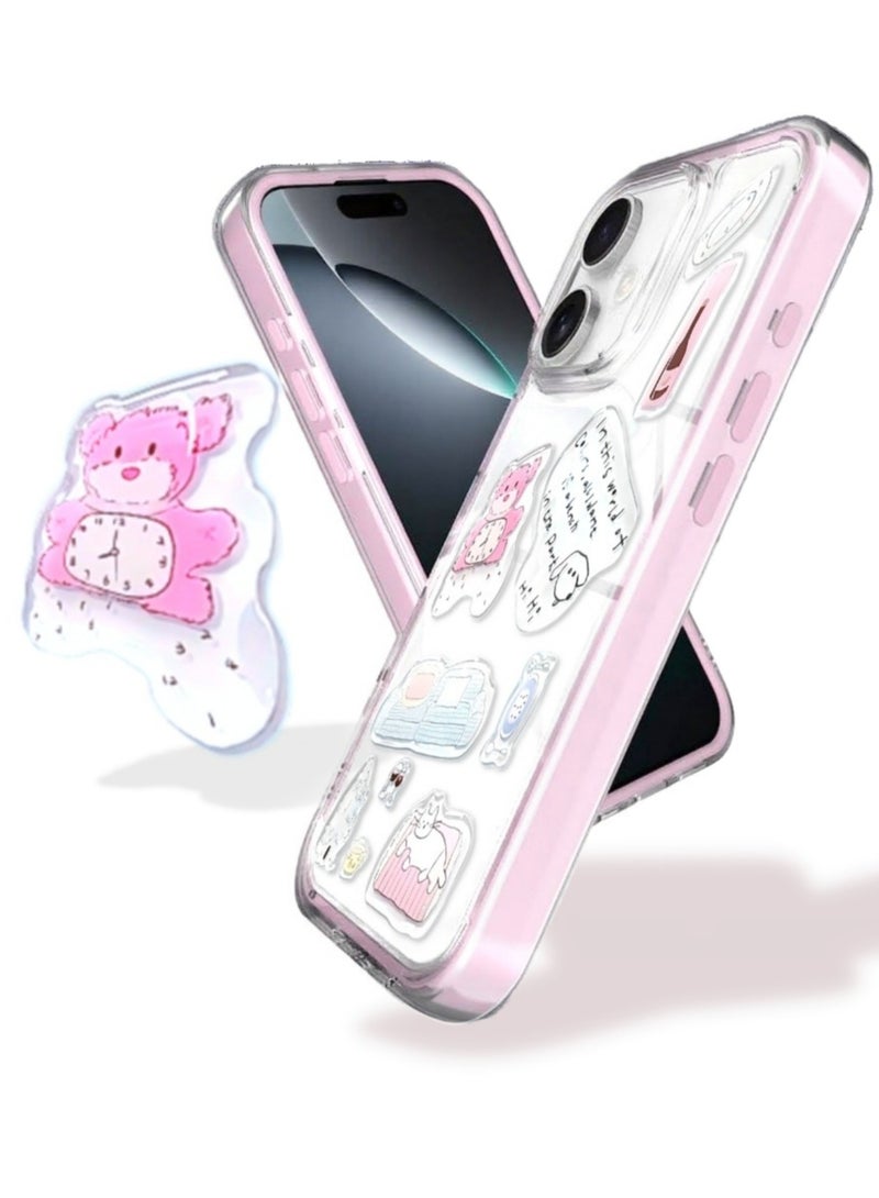 Clear Case for iPhone 16 – Shockproof Soft TPU Bumper Frame with Flexible Transparent Back, Crystle Pastel, Customizable with Kawaii Korean Bear Epoxy Resin Stickers (Peach Pink & Korean Bear Epoxy Resin Stickers) - Image 1