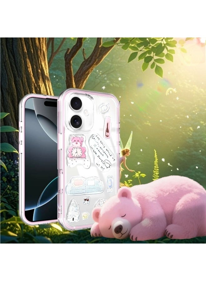 Clear Case for iPhone 16 – Shockproof Soft TPU Bumper Frame with Flexible Transparent Back, Crystle Pastel, Customizable with Kawaii Korean Bear Epoxy Resin Stickers (Peach Pink & Korean Bear Epoxy Resin Stickers) - Image 2