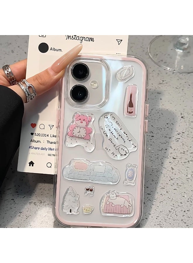 Clear Case for iPhone 16 – Shockproof Soft TPU Bumper Frame with Flexible Transparent Back, Crystle Pastel, Customizable with Kawaii Korean Bear Epoxy Resin Stickers (Peach Pink & Korean Bear Epoxy Resin Stickers) - Image 5