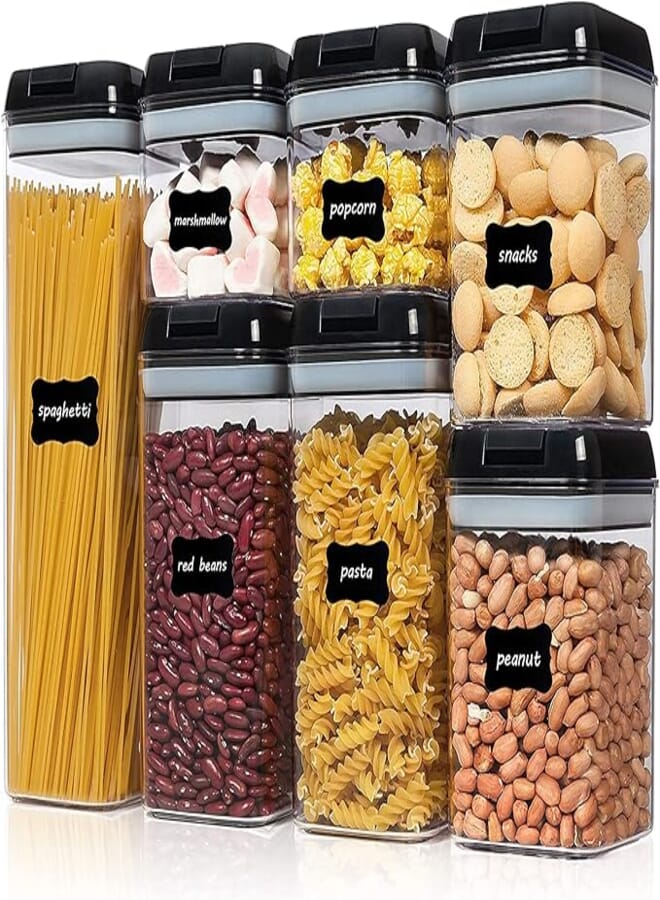 Arabest Airtight Food Storage Box, 7 Piece BPA Free Plastic Grain Containers with Easy Lock Lid for Kitchen Pantry Organization and Storage, Includes 24 Labels (Black)