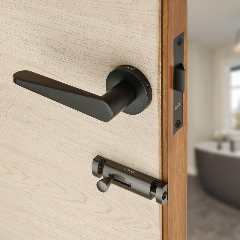 LAPO LAPO Deluxe Door Lock for Bathroom Door Lock Balcony Store Room Mortise Keyless Handlesets with Brass Baby Latch for HomeOfficeHotel Black Finish 3 Years Warranty Ro162  - Image 1