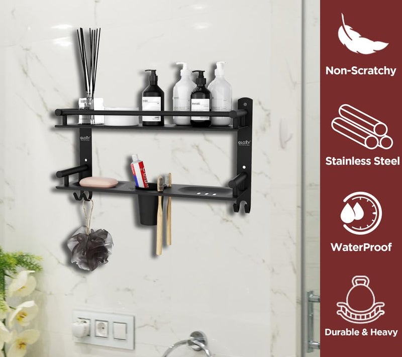 GLOXY Black Matte Finish 4 in 1 Multipurpose Stainless Steel 2 Layer Bathroom Shelf Racks and Shelves with Soap Dish, Toothbrush Holder for Bathroom Accessories and Fittings (15 x 5 Inches) - Image 3