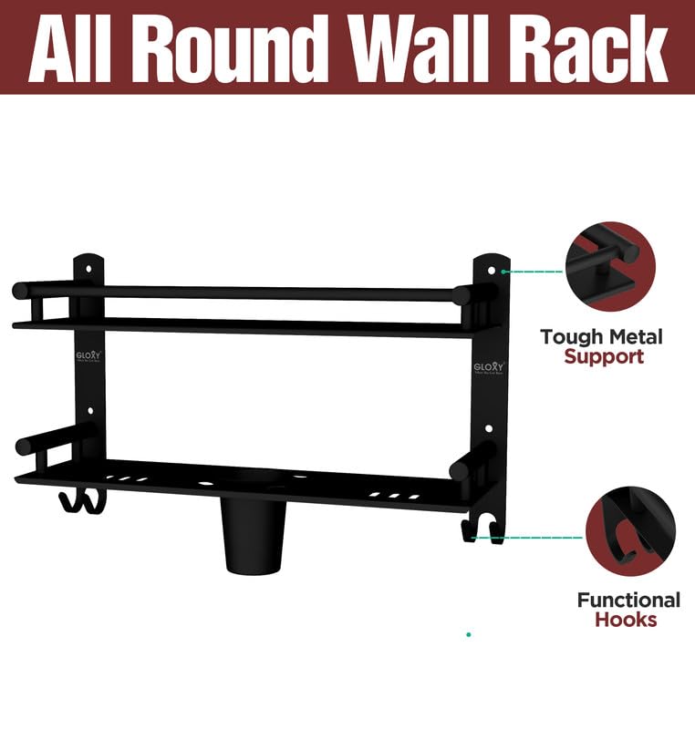 GLOXY Black Matte Finish 4 in 1 Multipurpose Stainless Steel 2 Layer Bathroom Shelf Racks and Shelves with Soap Dish, Toothbrush Holder for Bathroom Accessories and Fittings (15 x 5 Inches) - Image 4