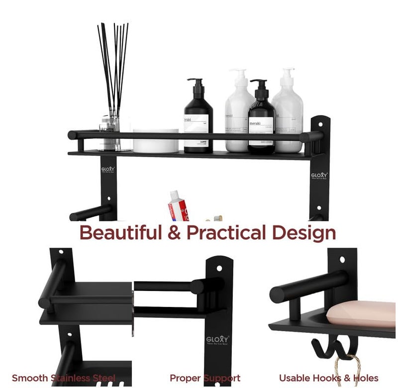 GLOXY Black Matte Finish 4 in 1 Multipurpose Stainless Steel 2 Layer Bathroom Shelf Racks and Shelves with Soap Dish, Toothbrush Holder for Bathroom Accessories and Fittings (15 x 5 Inches) - Image 5