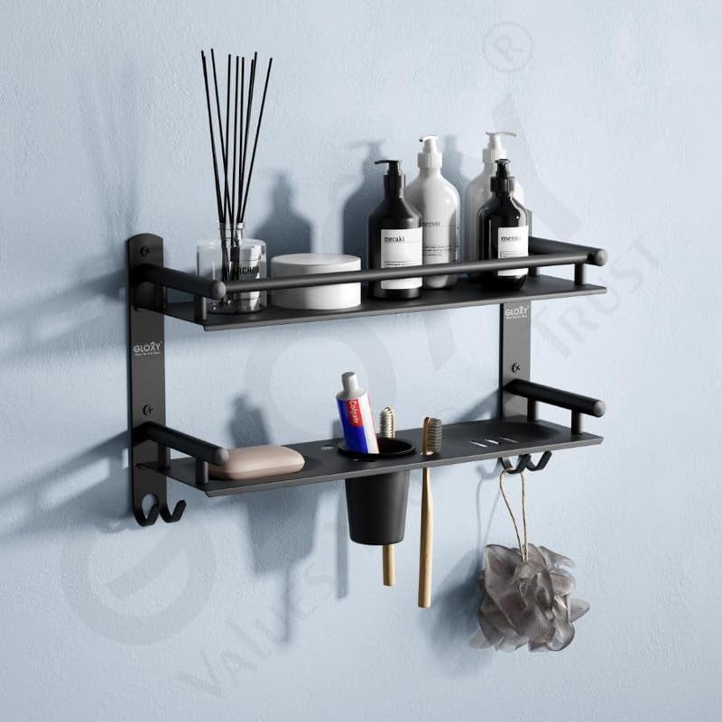GLOXY Black Matte Finish 4 in 1 Multipurpose Stainless Steel 2 Layer Bathroom Shelf Racks and Shelves with Soap Dish, Toothbrush Holder for Bathroom Accessories and Fittings (15 x 5 Inches) - Image 1