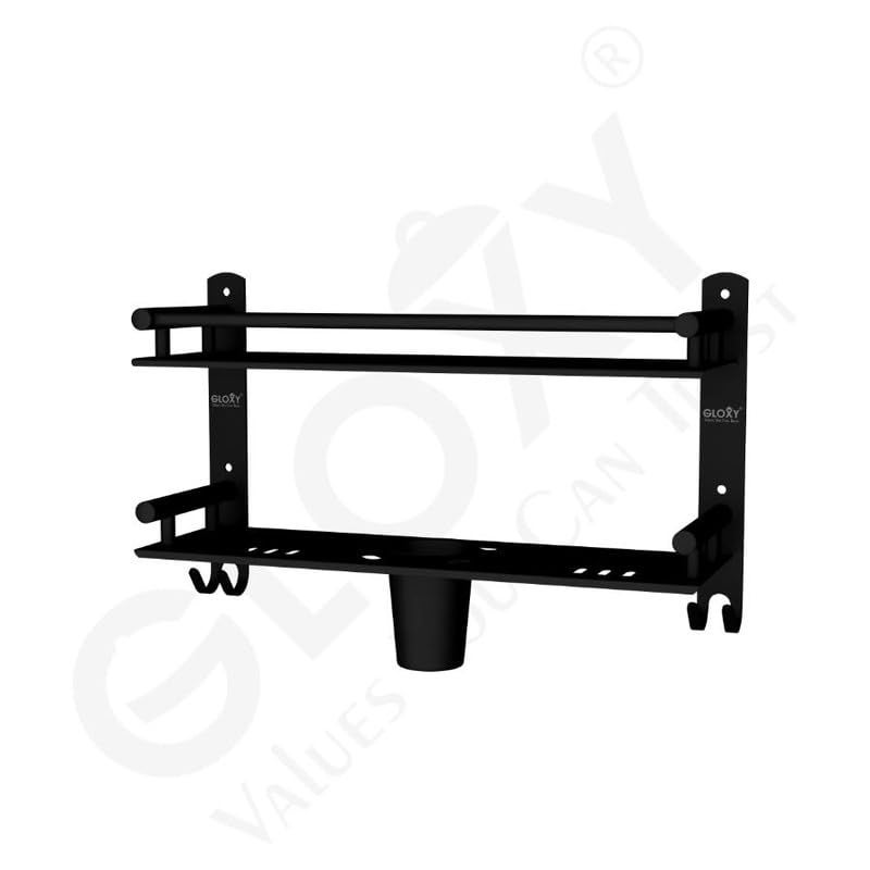 GLOXY Black Matte Finish 4 in 1 Multipurpose Stainless Steel 2 Layer Bathroom Shelf Racks and Shelves with Soap Dish, Toothbrush Holder for Bathroom Accessories and Fittings (15 x 5 Inches) - Image 2