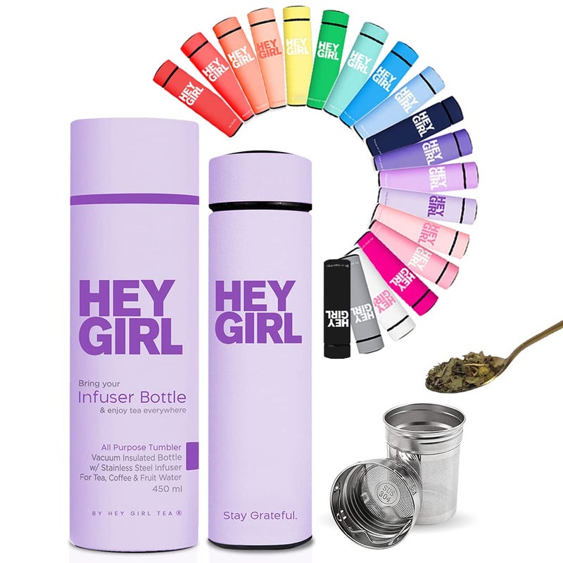 Hey Girl Tea Hey Girl Tea Infuser Bottle 450ml  Insulated Stainless Steel Water Bottle  Tea Tumbler with Tea Diffuser  Portable Travel Mug for Loose Leaf Tea  Infused Water  Tea Lovers Gifts for Women