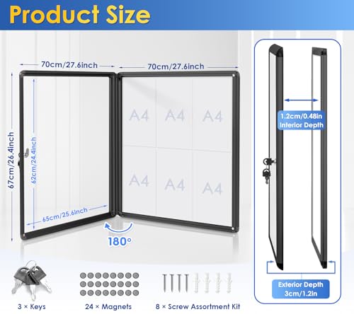 S SWANCROWN SWANCROWN Lockable Bulletin Boards Black Frame Enclosed Display Case,with Magnets,for School Message Notice 28x26inch(6XA4) - Image 2
