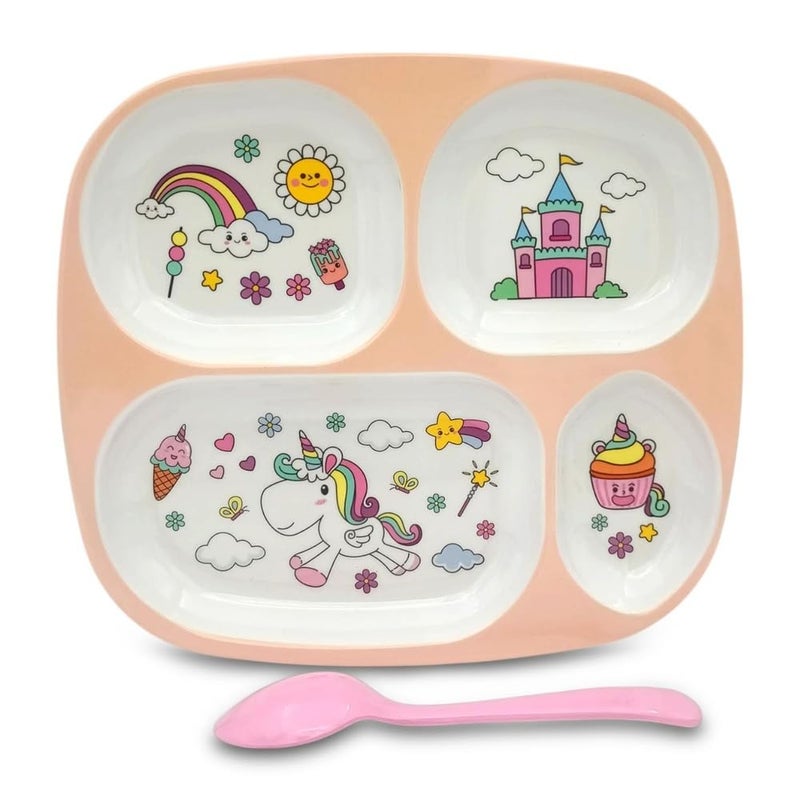 Superware Melamine Kids Unicorn Dining Plate Set of 2 with Spoons | 4 Section Thali for Toddlers & Babies | Durable BPA Free Mealtime Dinnerware - Image 1
