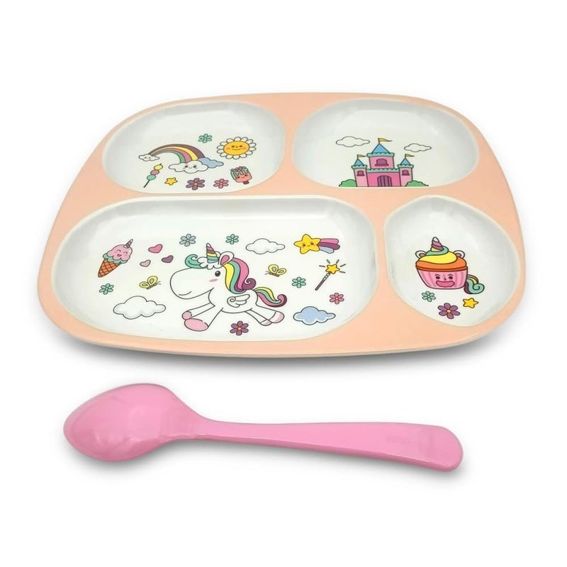 Superware Melamine Kids Unicorn Dining Plate Set of 2 with Spoons | 4 Section Thali for Toddlers & Babies | Durable BPA Free Mealtime Dinnerware - Image 3