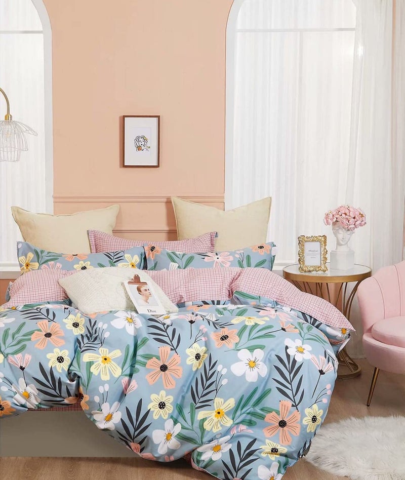 Sky Tex Aqua Color 300 TC Glace Cotton Flowers Printed Double Bed Comforter Set (1 Comforter, 1 Bed Sheet & 2 Pillow Covers)