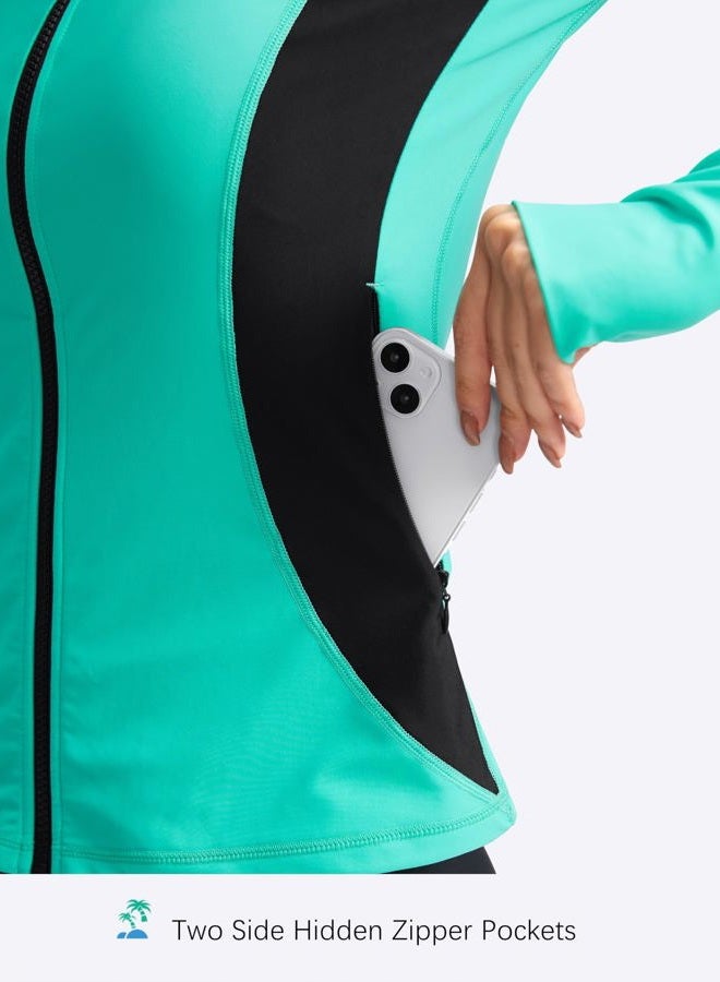 SANTINY Women's Rash Guard Zipper Pockets UPF50+ Sun Protection Long Sleeve Swimsuit Top Zip Front Swim Shirt for Women (Aqua_S) - Image 4