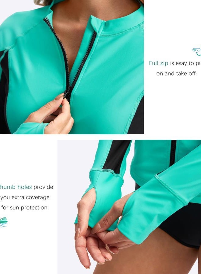 SANTINY Women's Rash Guard Zipper Pockets UPF50+ Sun Protection Long Sleeve Swimsuit Top Zip Front Swim Shirt for Women (Aqua_S) - Image 5