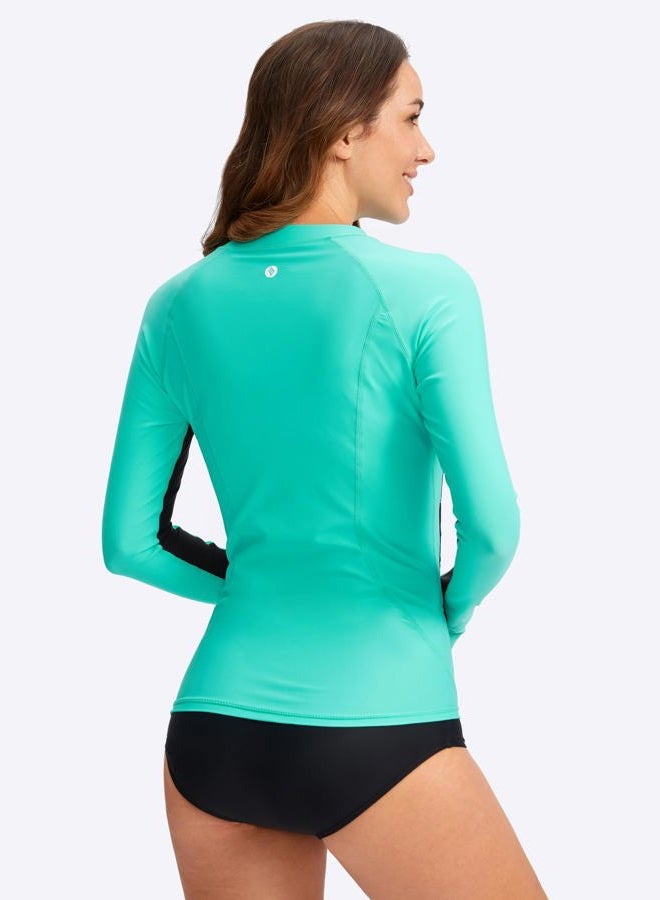 SANTINY Women's Rash Guard Zipper Pockets UPF50+ Sun Protection Long Sleeve Swimsuit Top Zip Front Swim Shirt for Women (Aqua_S) - Image 3