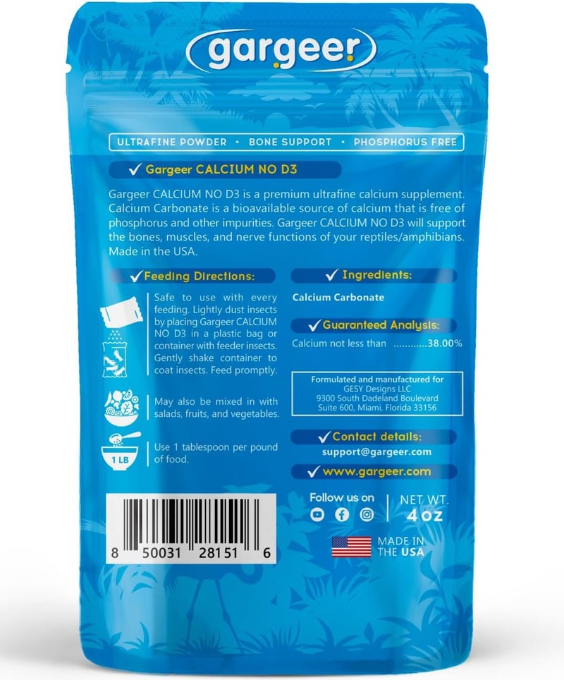 Gargeer 4oz All Reptile Calcium Powder, Phosphorus-Free Ultrafine Powder, Pure Dust Without Vitamin D3, Ready to Use for All Reptiles, Lizards & Amphibians Supplement. Made in The USA. Enjoy ! - Image 2