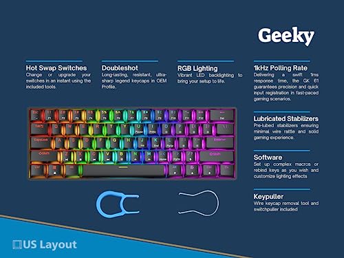 Geeky GK61 60% | Hot Swappable Mechanical Gaming Keyboard | 61 Keys Multi Color RGB LED Backlit for PC/Mac Gamer | ANSI US American Layout (Black, Mechanical Brown) - Image 2