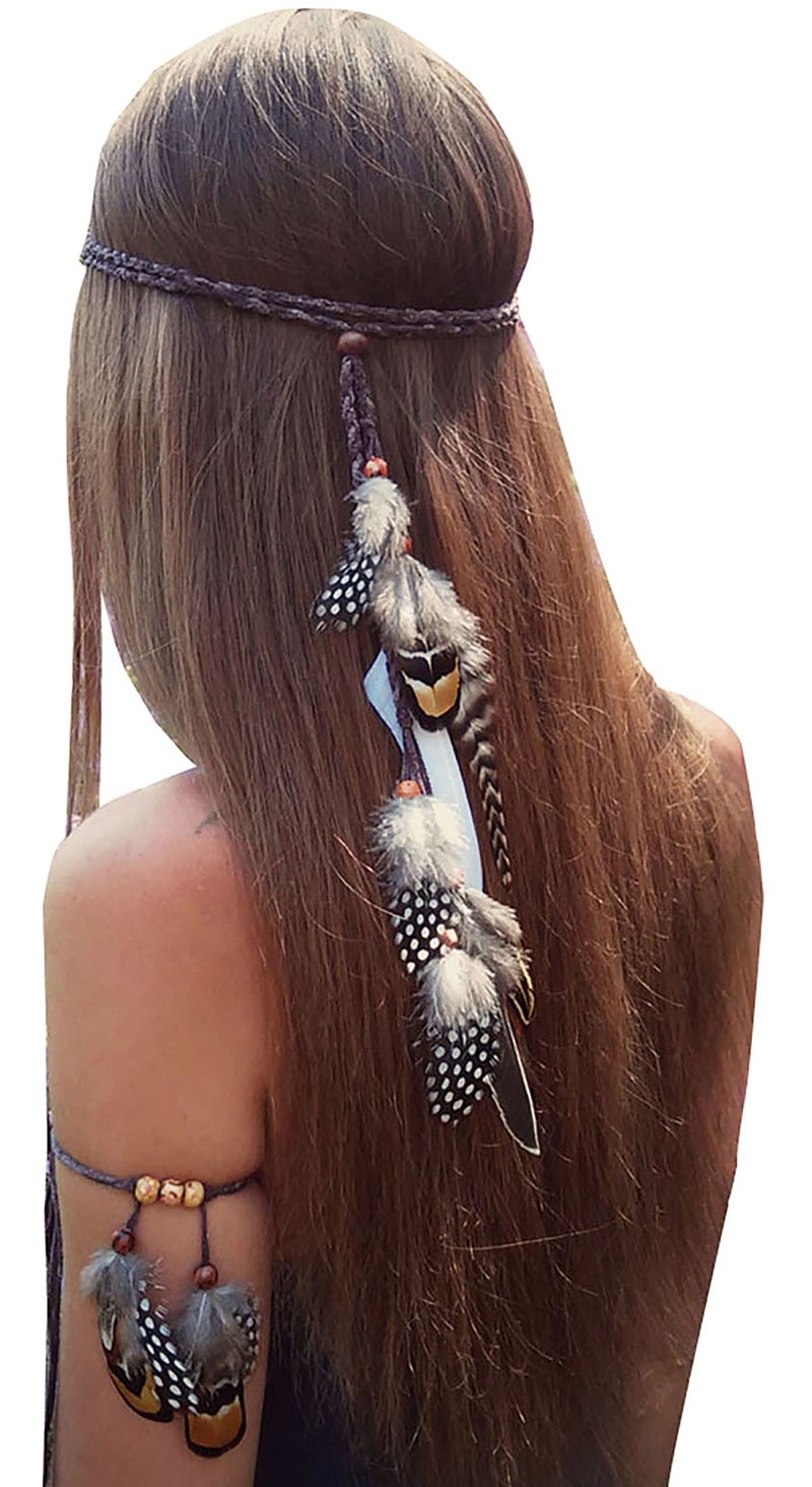Suoirblss Set of 2 Bohemian Brown Feather Tassels Headband with Armband Gypsy Hippie Peacock Headwear Headdress Woman Favorite Hair Accessories - Image 1