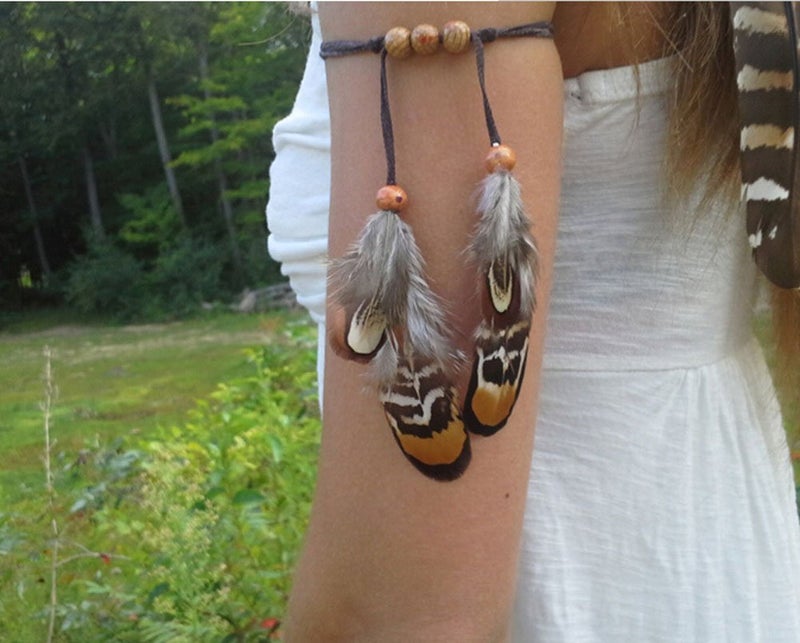 Suoirblss Set of 2 Bohemian Brown Feather Tassels Headband with Armband Gypsy Hippie Peacock Headwear Headdress Woman Favorite Hair Accessories - Image 2
