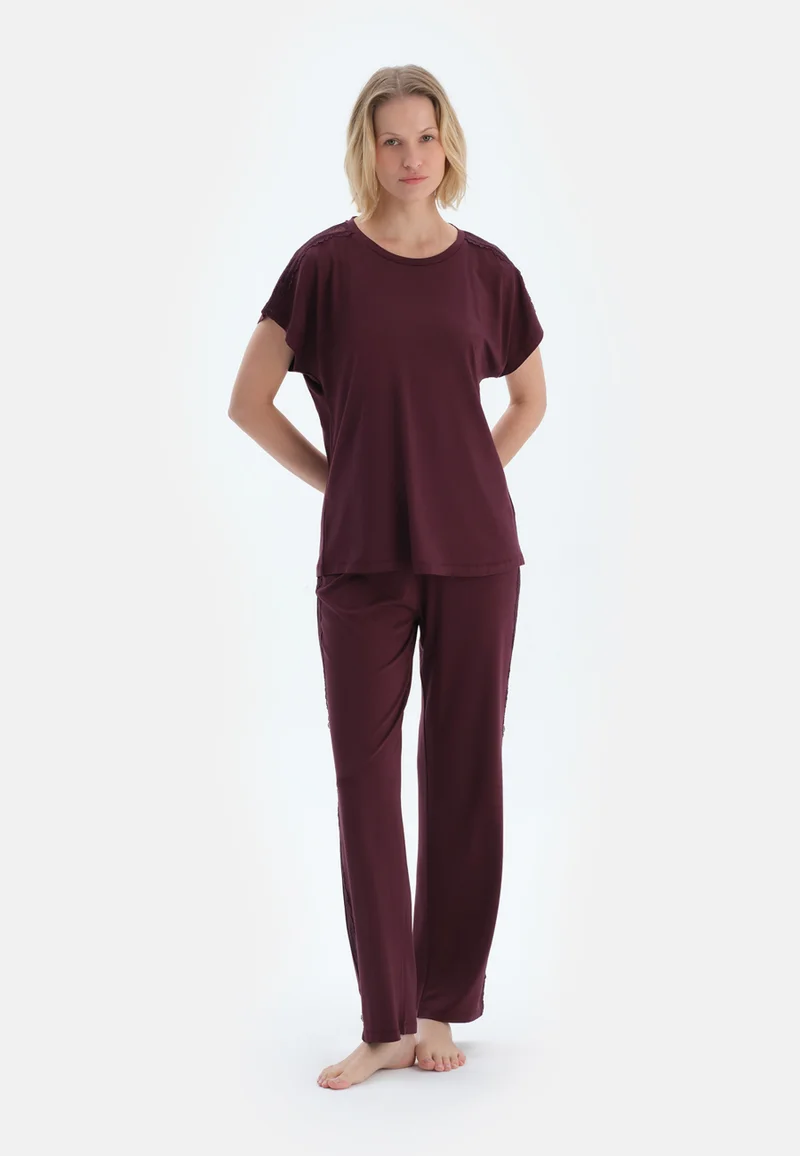 Regular/Classic Fit T-shirt & Trousers Pajama Sets Crew Neck Viscose Blend Sleepwear