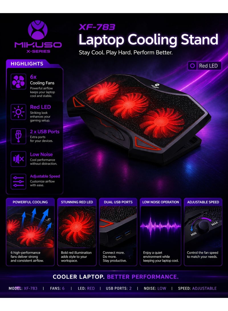ميكوسو حامل تبريد للكمبيوتر المحمول XF-783 مزود بـ 6 مراوح، وإضاءة LED حمراء، ومنفذي USB، وسرعة قابلة للتعديل، ووسادة تبريد منخفضة الضوضاء للألعاب والعمل - Image 2