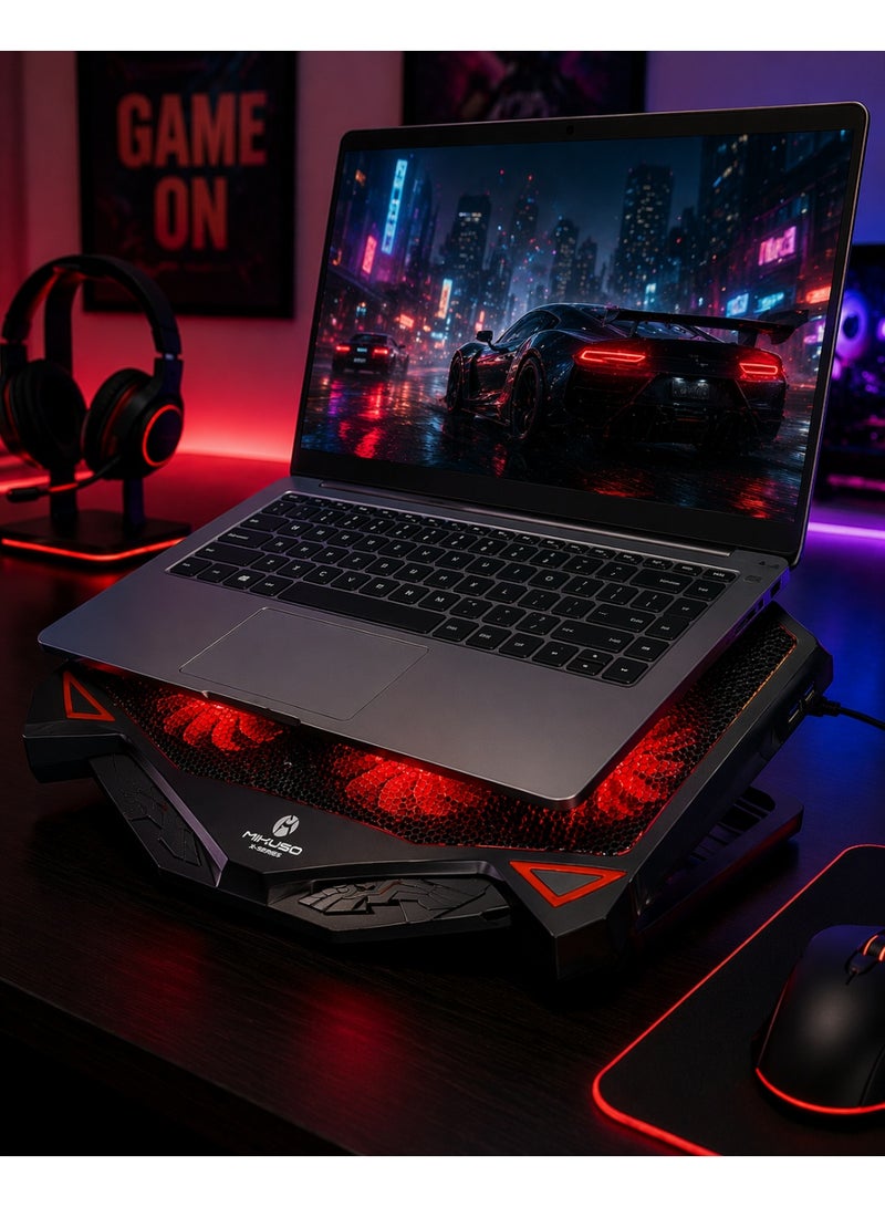 ميكوسو حامل تبريد للكمبيوتر المحمول XF-783 مزود بـ 6 مراوح، وإضاءة LED حمراء، ومنفذي USB، وسرعة قابلة للتعديل، ووسادة تبريد منخفضة الضوضاء للألعاب والعمل - Image 3