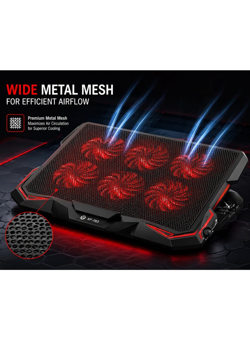 ميكوسو حامل تبريد للكمبيوتر المحمول XF-783 مزود بـ 6 مراوح، وإضاءة LED حمراء، ومنفذي USB، وسرعة قابلة للتعديل، ووسادة تبريد منخفضة الضوضاء للألعاب والعمل - Image 4
