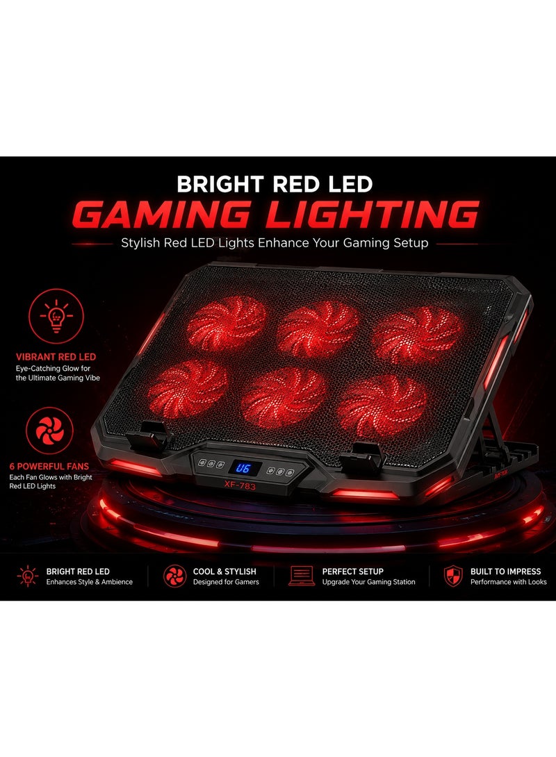 ميكوسو حامل تبريد للكمبيوتر المحمول XF-783 مزود بـ 6 مراوح، وإضاءة LED حمراء، ومنفذي USB، وسرعة قابلة للتعديل، ووسادة تبريد منخفضة الضوضاء للألعاب والعمل - Image 5