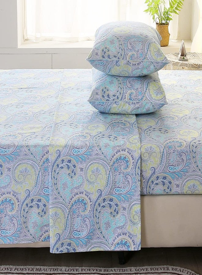 URBONUR Paisley Sheets Set Queen Size 4Pcs Bohemian Paisley Bedding Sheets Collection Luxury 100% Cotton Sheets Set Silky Smooth & Crisp Bed Linen Set (4pcs, Blue Paisley) - Image 2