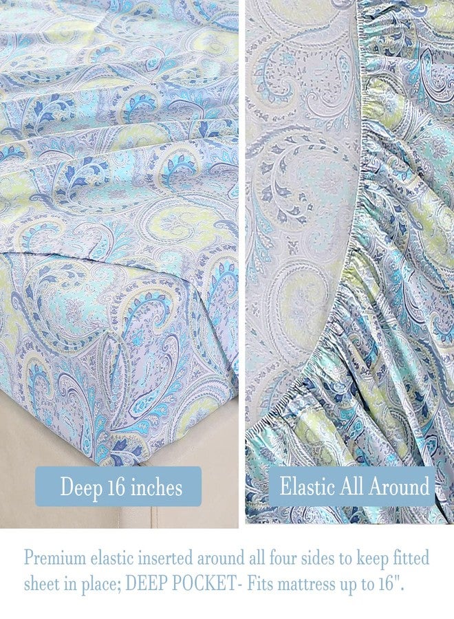 URBONUR Paisley Sheets Set Queen Size 4Pcs Bohemian Paisley Bedding Sheets Collection Luxury 100% Cotton Sheets Set Silky Smooth & Crisp Bed Linen Set (4pcs, Blue Paisley) - Image 5