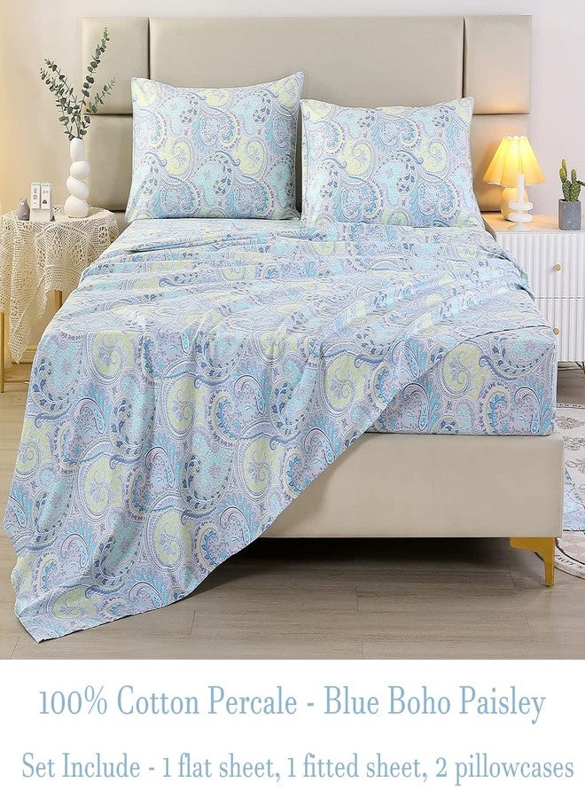 URBONUR Paisley Sheets Set Queen Size 4Pcs Bohemian Paisley Bedding Sheets Collection Luxury 100% Cotton Sheets Set Silky Smooth & Crisp Bed Linen Set (4pcs, Blue Paisley) - Image 3