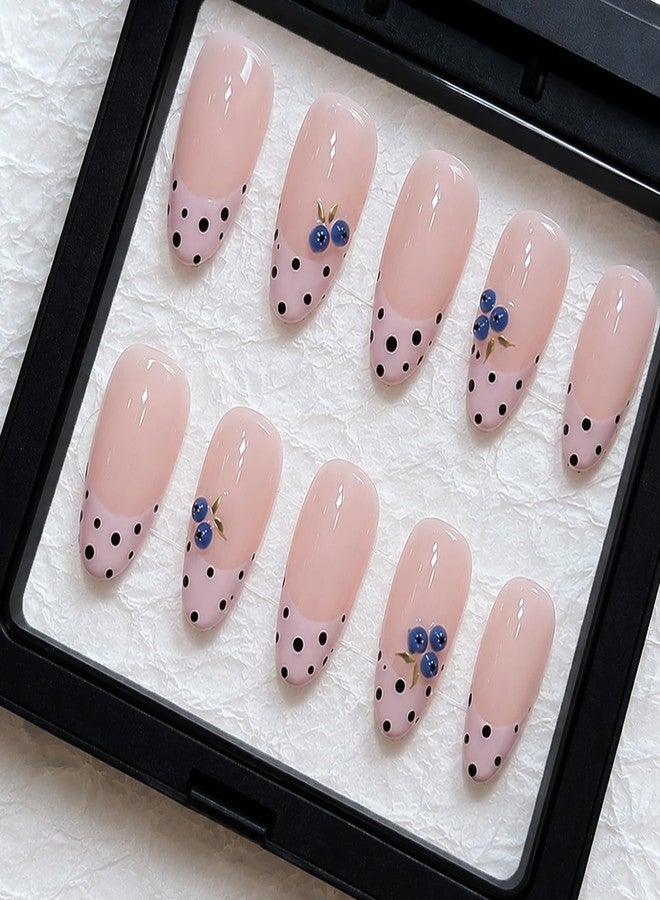 OFDNE Luxury Press on Nails Medium Almond Handmade 3D Unique Reusable ABS Material Fake Nails French Tip False Nails with Polka Dots Blueberry Designs Glossy Glue on Nails Thick Acrylic Nails(S) - Image 1