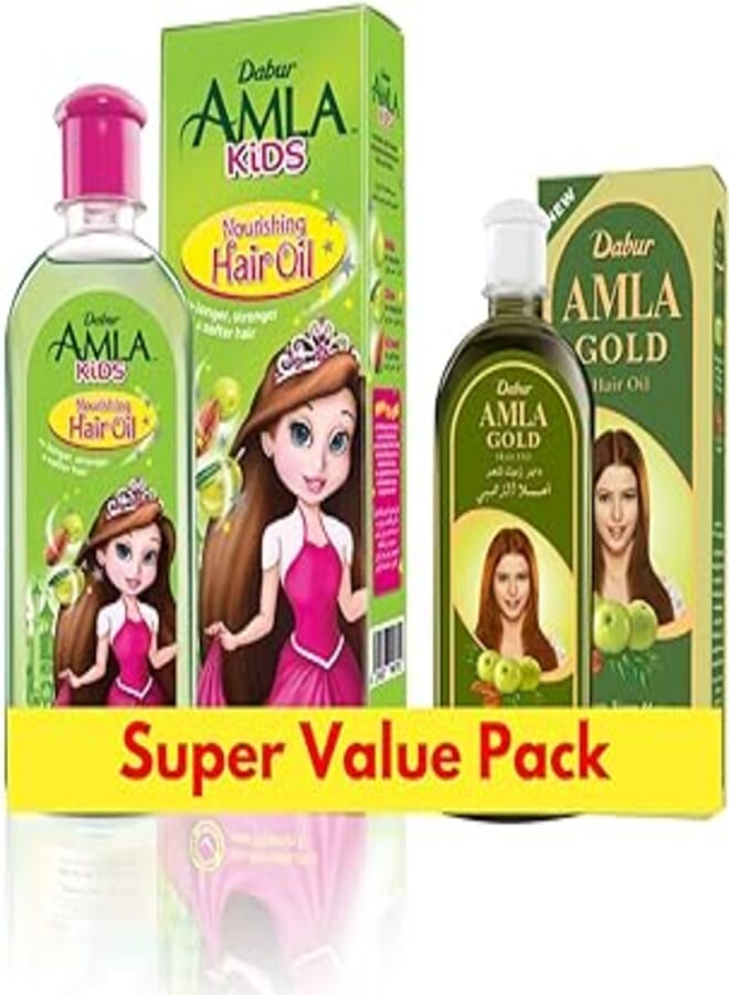 Dabur Amla Kids Hair Oil + Dabur Amla Gold Hair Oil Value Pack | Long, Strong & Soft Hair for You & Your Princess - 90 ml + 45 ml