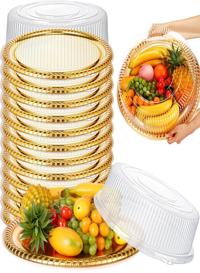 Nitial 12 Pcs Plastic Serving Tray with Lid Heavy Duty Elegant Platters Gold Catering Trays Round Stackable Disposable Containers with Clear Lids for Party Fruit Cake Sandwich Takeout Food (12 Inches) - Image 1