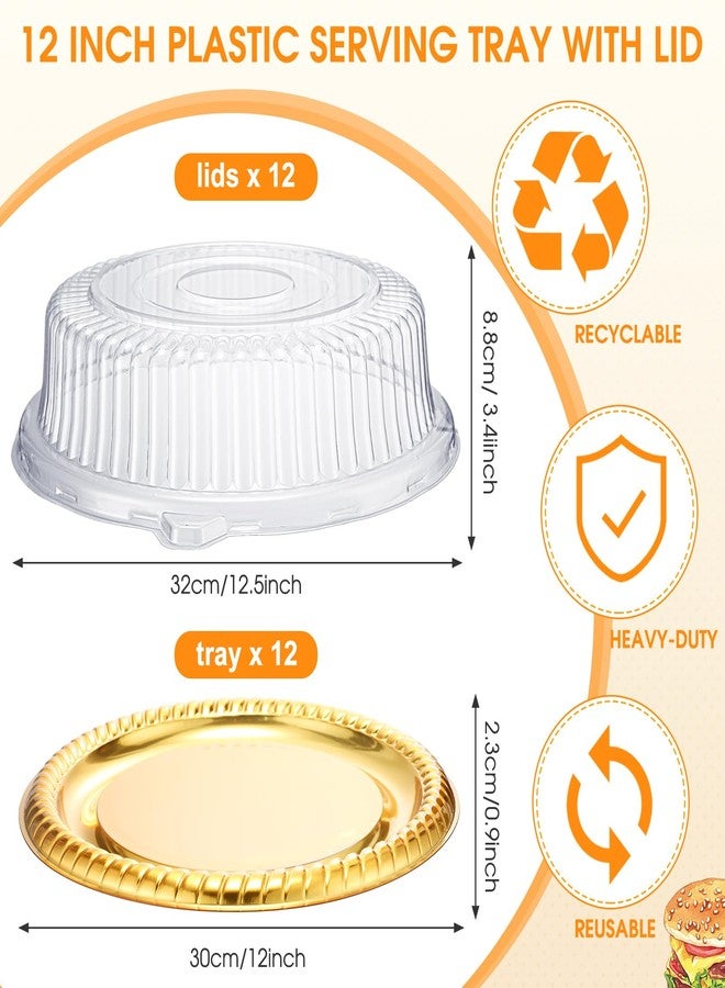Nitial 12 Pcs Plastic Serving Tray with Lid Heavy Duty Elegant Platters Gold Catering Trays Round Stackable Disposable Containers with Clear Lids for Party Fruit Cake Sandwich Takeout Food (12 Inches) - Image 2