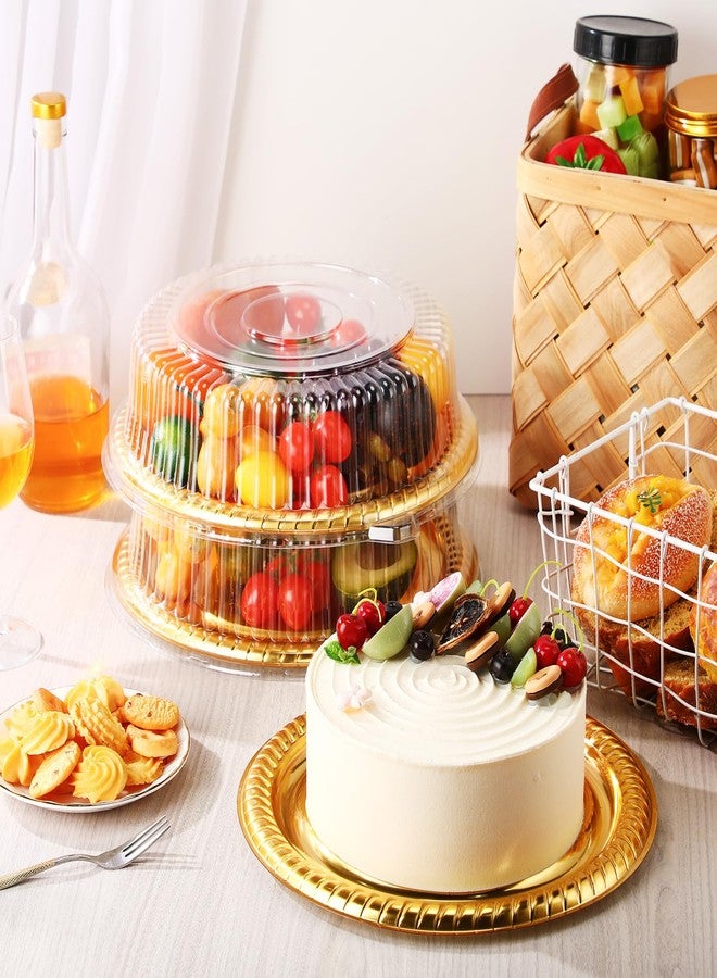 Nitial 12 Pcs Plastic Serving Tray with Lid Heavy Duty Elegant Platters Gold Catering Trays Round Stackable Disposable Containers with Clear Lids for Party Fruit Cake Sandwich Takeout Food (12 Inches) - Image 3