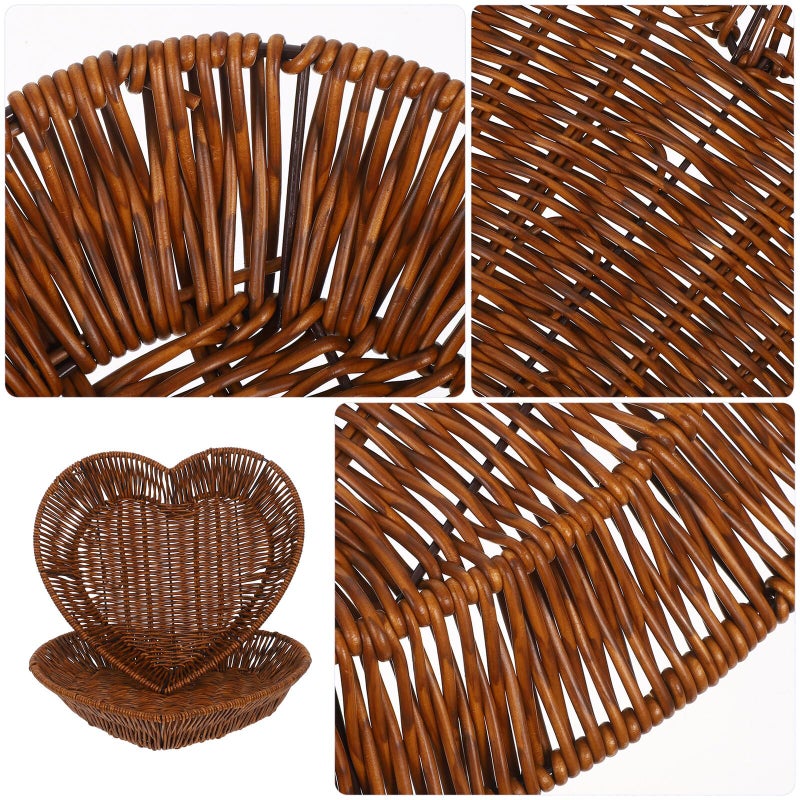 Handwoven Imitation Rattan Heart Bread Basket Set Rustic Serving Tray For Kitchen Dining - Image 4