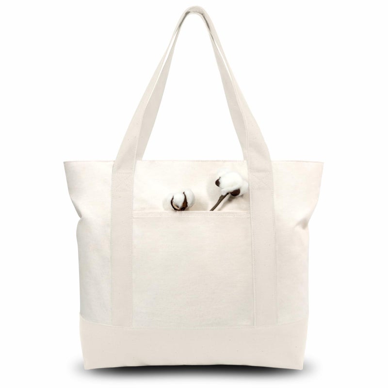 TOPDesign 1-Pack Canvas Tote Bag with an External Pocket, Reusable Grocery Shopping Bag, Top Zipper Closure, Daily Essentials (Natural) - Image 1