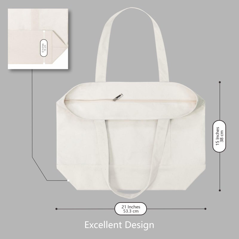 TOPDesign 1-Pack Canvas Tote Bag with an External Pocket, Reusable Grocery Shopping Bag, Top Zipper Closure, Daily Essentials (Natural) - Image 5